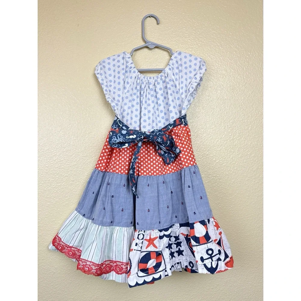 Matilda Jane Girls Platinum Nautical Sailing Dress Size 6 Patriotic Sea Twirl
